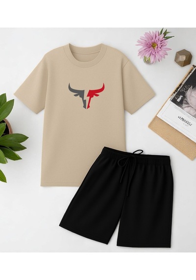 Uyguntarz Unisex Boğa Baskılı Tasarım Şort Takım Bej