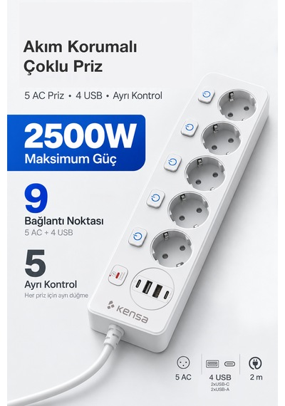 Akım Korumalı Priz 5'li + 2x Usb-a + 2x Usb-c 2 Metre Kablo 2 m