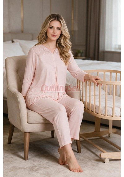 Lady Bebe Pembe Renkli Dantel Detaylı, 33201 Uzun Kol, 2 Parça Lohusa Hamile Pijama Takımı Açık Pembe