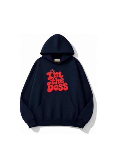 Herkesemoda Yazı Baskılı Kapüşonlu 2 İplik Şardonlu Sweatshirt Lacivert