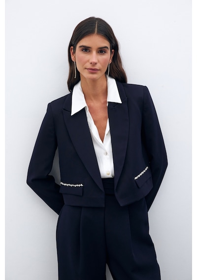 Sateen Cep Taş Detaylı Kısa Ceket - Lacivert-135557 Lacivert