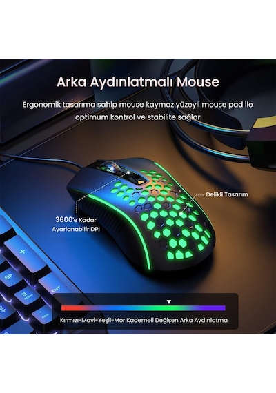 Aula T650 4 İn 1 Gaming Set Rgb Kablolu Membran Klavye 3600 Dpı Mouse Mikrofonlu Oyuncu Kulaklığı Mousepad Lazer