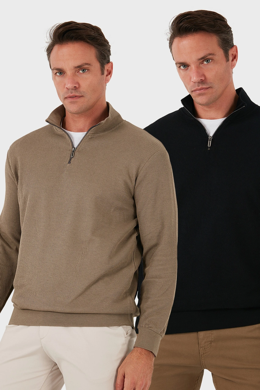 Buratti Pamuklu Regular Fit Yarım Fermuarlı Dik Yaka 2'Li Paket Erkek Sweat 5905716S2 Koyu Vizon-Siyah