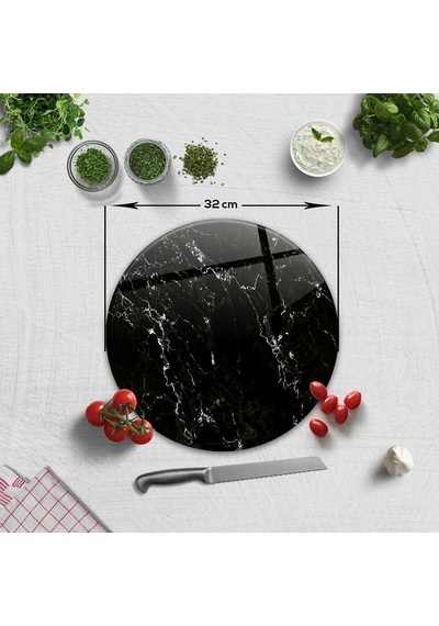 Decorita Cam Kesme Tahtası | Siyah Mermer Görünümlü | Çap32cm
