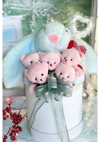 Sole Premium Özel Hediye Kutusunda 45 Cm Mavi Bunny Tavşan Ve 5 Adet Pembe Peluş Ayıcık Buketi
