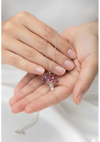 Çekirdekjewelry 925 Ayar Gümüş Kırmızı Taşlı Buket Kolye Gri