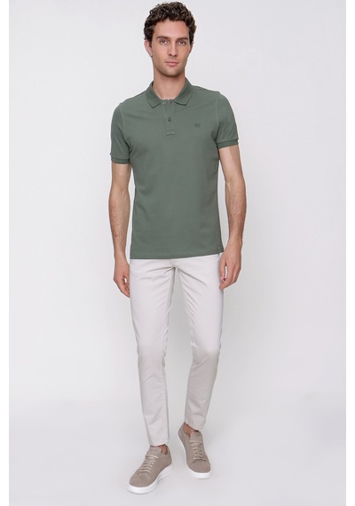 Haki Basic Düz %100 Pamuk Slim Fit Dar Kesim Kısa Kollu Polo Yaka Tişört 99yc018011710 Haki