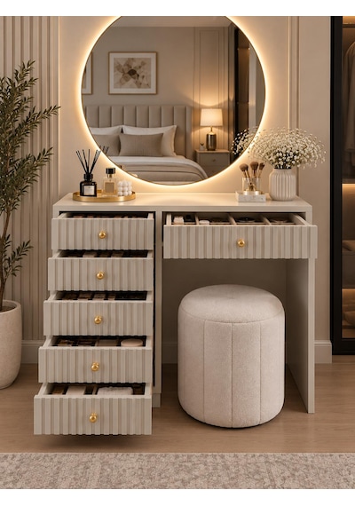 Led Aynalı Çıtalı Çekmeceli Makyaj Masası Bej Led Aynalı Çıtalı Çekmeceli Makyaj Masası Bej