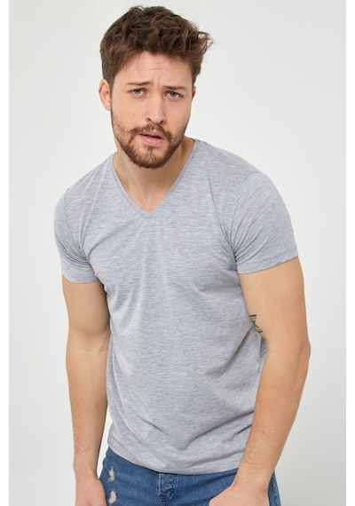 Tarz Cool Erkek V Yaka Slim Fit Likralı T-shirt Gri