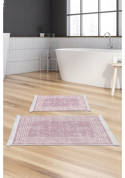 Dekoreko Kaymaz Taban Djt 2 Li Banyo Paspas Takımı Trend Saçaklı Modern M5142 pudra