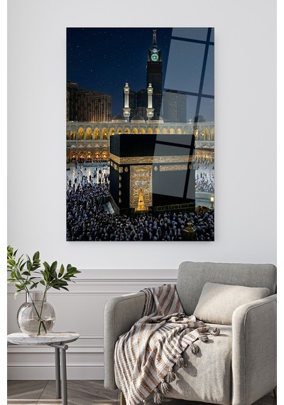 Kabe Cam Tablo 4 Mm Temperli Cam Mekke Gece Manzarası Dekoratif Duvar Tablosu