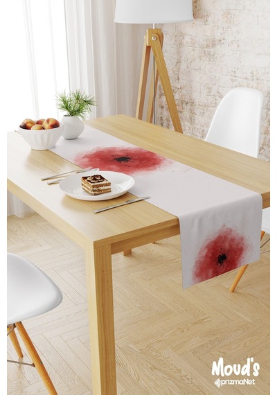 Poppy Red Desenli Baskılı Süet Runner Masa Örtüsü