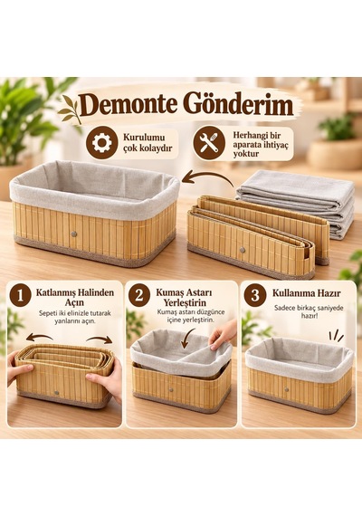 Bambu Düzenleyici Sepet Seti, Kumaş Astarlı, 3'lü Set Diğer