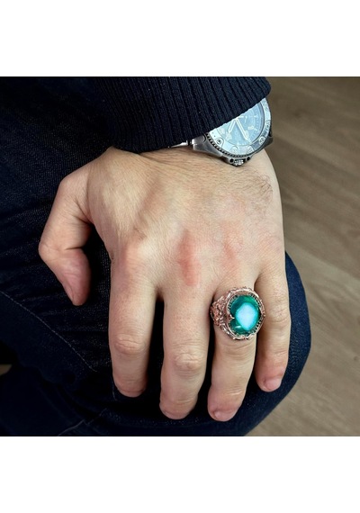 Gerçek Kristal Drusy Kuvars Taş Yüzük, 925 Ayar Gümüş Erkek Yüzük Gümüş