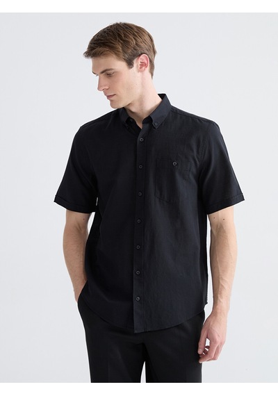 Lcwaıkıkı Classic Siyah Regular Fit Keten Karışımlı Erkek Gömlek