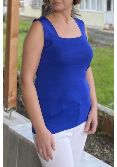 Mia Butik Büyük Beden Saks Mavi Kare Yaka Triko Bluz -1340 Saks Mavi