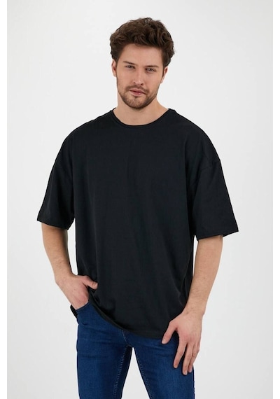 Basic Düz 2'li Çoklu Kombin T-shirt - Siyah Oversize Bisiklet Yaka SIYAH