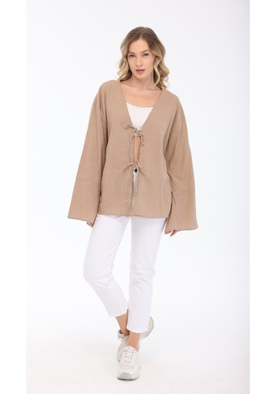 Blayn Jeans Blayn Kadın Keten Kimono Oversize Rahat Kalıp Yazlık Uzun Kollu Kimono Vizon