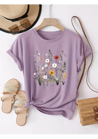 Flood Of Style Kadın Lila Fidanlar Baskılı Oversize Çok Renkli