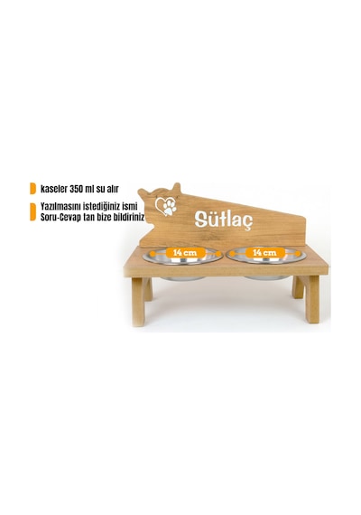 Realwood Ahşap Özel İsim Baskılı Çelik Kaseli Kedi Köpek Mama Su Kabı 450 ML