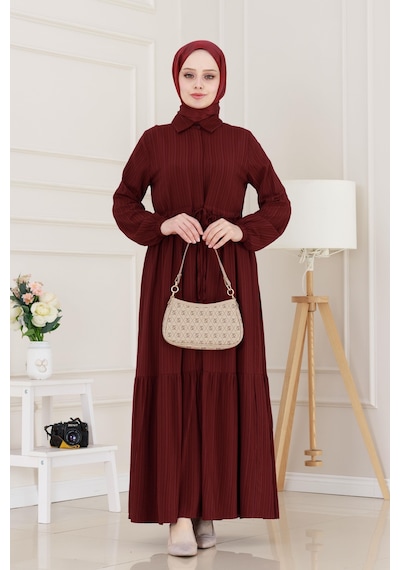 Sevitli Gömlek Yaka Beli Tünelli Sare Elbise-bordo-5067 Bordo