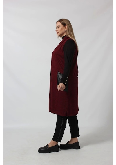 Moda Berray Deri Cep Detaylı Uzun Triko Yelek Bordo