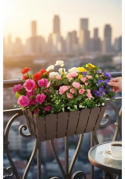 Yapay Çiçek Kahverengi Balkon Saksıda Küpeşte Askılı Açelya Çiçeği Karışık Renkli Çiçek Sepeti 50cm