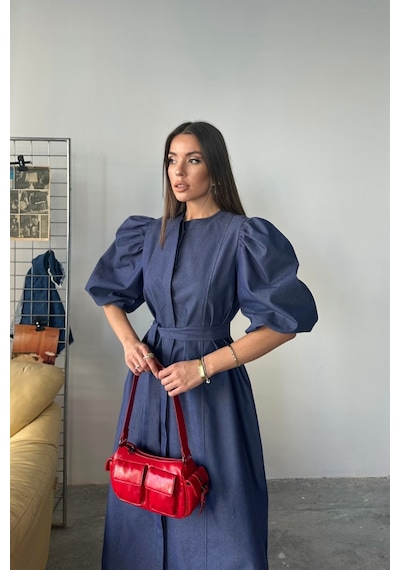 Hazego Tencel Karpuz Kol Elbise - İndigo İndigo