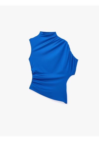 Koton Slim Fit Asimetrik Kesim Drapeli Dik Yaka Kobalt Mavi Bluz Mavi 6sak70029ek