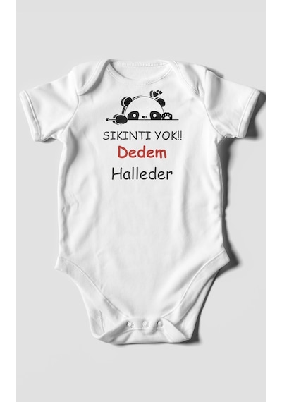 Sıkıntı Yok Dedem Halleder Baskılı Bebek Zıbını Çıtçıtlı Body %100 Pamuk Kısa Kol Beyaz