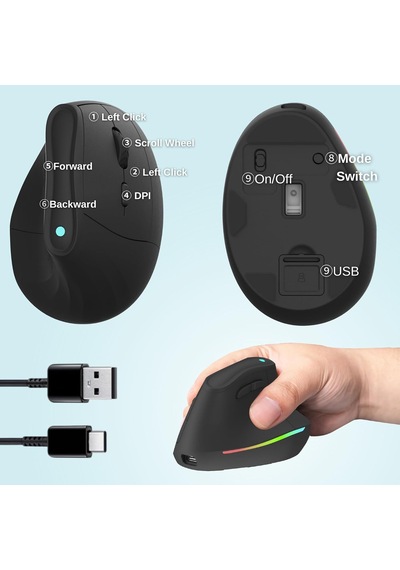 Kablosuz Ergonomik Dikey Fare: 2.4g Bt Modu Bağlantılı Şarj Edilebilir Bilgisayar Fareleri, Sağ El İçin Karpal Tü Genel