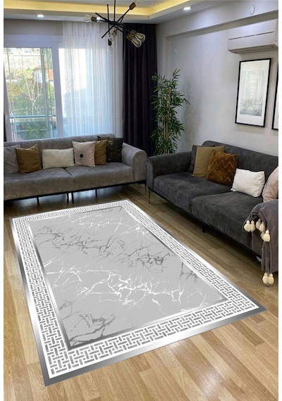 STY Home Gri Dijital Baskı Salon Halısı Kaymaz Tabanlı Yıkanabilir Halı Yolluk 31 Gri