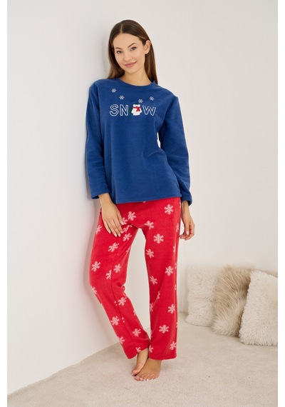 Siyah İnci Temalı Nakışlı Polar Kışlık Örme Pijama Takım Lacivert-kirmizi