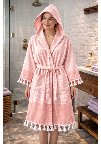 %100 Pamuk Dokuma Kapüşonlu Cepli Unisex Peştemal Pike Bornoz Ultra Yumuşak M/l/xl Beden Pembe