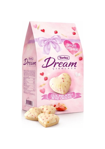 Dream Çilek Parçacıklı Beyaz Çikolata Kalp Şekilli 180g Sevgililer Günü Özel Seri
