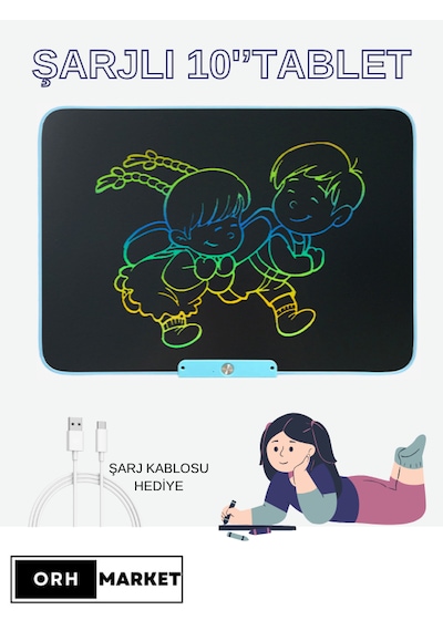 Mavi 10 İnç LCD Çizim Tableti – Şarjlı, Dijital Kalemli, USB Kablolu, Renkli Ekranlı Yazı Tableti