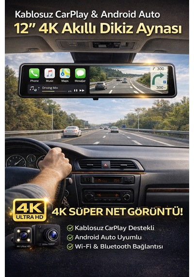 4k Aı Voice Dash Cam Çift Kamera, 12 Lcd, Arka Görüş + Wi-fi Aı Sesli Kontrol