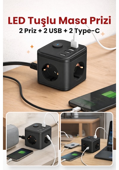 Yeni 3680w Pro Power 2xtype-c Ve 2x Usb Girişli Anahtarlı 3lü Çoğaltıcı Küp 2mt Kablolu Akım Korumalı Priz 2