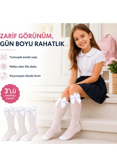 COjans Kız Çocuk Beyaz File Dizaltı Çorap Fiyonklu 3'lü Paket Okul Tören Bayram Gösteri Çorabı Çok Renkli