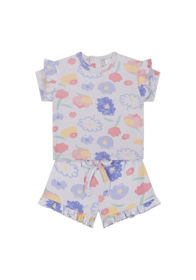 Antebies Organik Lila Suluboya Çiçek Desenli Fırfırlı Kısa Kollu Kız Bebek Tshirt Şort Takımı Mor