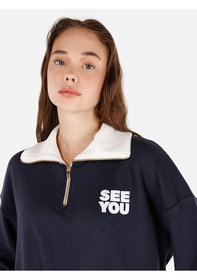 Colins Normal Kesim Fermuarlı Dik Yaka Baskılı Lacivert Kadın Sweatshirt Cl1069985 Lacivert