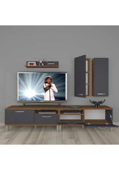 Decoraktiv Eko 5220d Mdf Krom Ayaklı Tv Ünitesi Tv Sehpası Ceviz - Antrasit