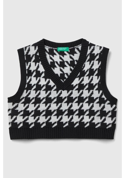 United Colors Of Benetton Kj T Ksuz Tamamı Desenli V Yaka Crop Süveter Siyah