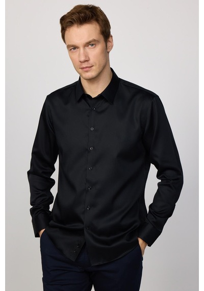 Tudors Slim Fit Siyah Non-ıron %100 Pamuk Doğa Dostu Ekoteks Belgeli Ütü Gerektirmez Gömlek-29750 Siyah
