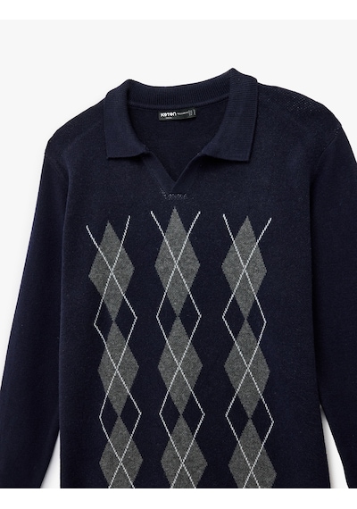 Koton Regular Fit Uzun Kollu Baklava Desenli V Yaka Polo Triko Kazak Lacivert Desenli 6wam70089ht Lacivert Desenli