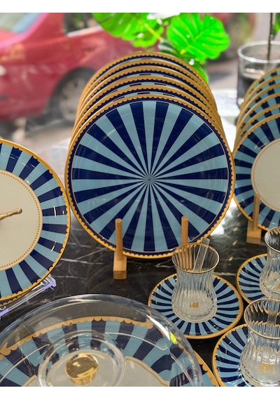 34 Parça Iwon Blue Yaldızlı 6 Kişilik Pasta Çay Servis İkram Takımı-4908 Lacivert