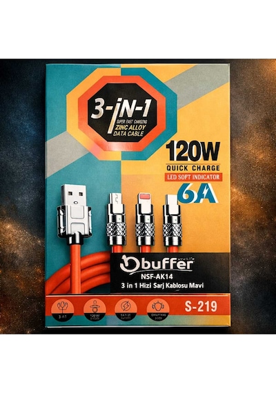 3-in-1 Arada Şarj Kablosu 120w Hizli Şarj Diğer