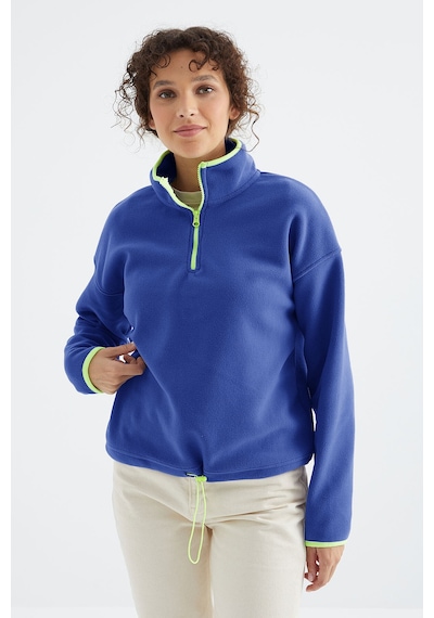TOMMYLIFE Saks Yarım Fermuar Etek Ucu Büzgülü Dik Yaka Standart Kalıp Kadın Polar Sweatshirt - 97234