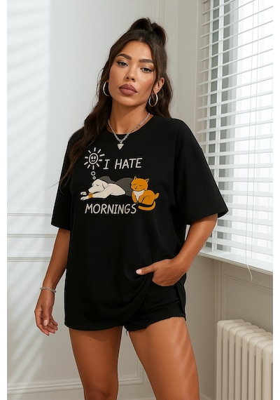 Kedi Baskılı Unisex Tişört SIYAH