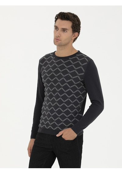 Cacharel Antrasit Slim Fit %100 Pamuk Bisiklet Yaka Triko Kazak Gri